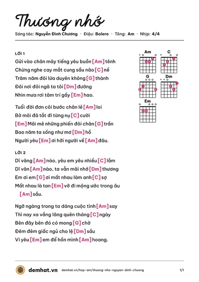 Hợp âm Thương nhớ (Nguyễn Đình Chương) – bản nhạc PDF trang 1, tông Am