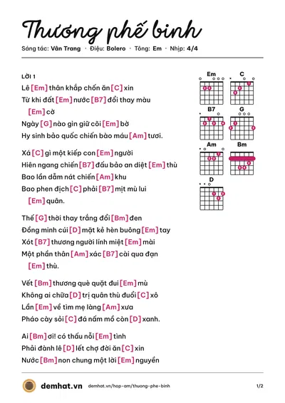 Hợp âm Thương phế binh (Ngọc Tín) – bản nhạc PDF trang 1, tông Em