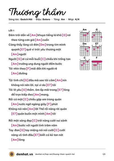 Hợp âm Thương thầm (Quách Hải) – bản nhạc PDF trang 1, tông Am
