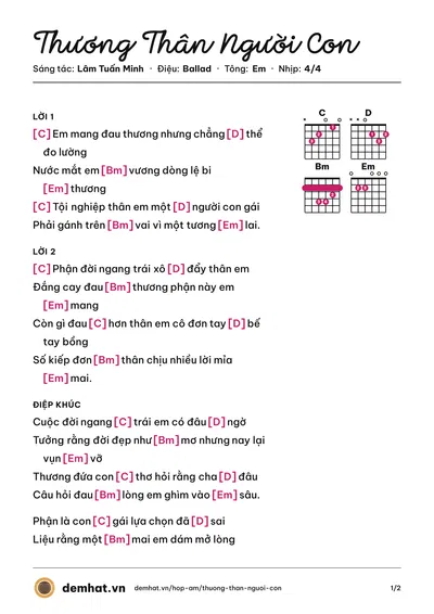 Hợp âm Thương Thân Người Con (Nguyễn Đình Long) – bản nhạc PDF trang 1, tông Em