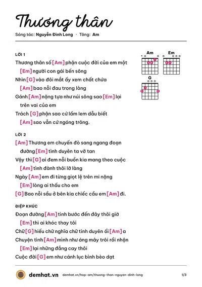 Hợp âm Thương thân (Nguyễn Đình Long) – bản nhạc PDF trang 1, tông Am