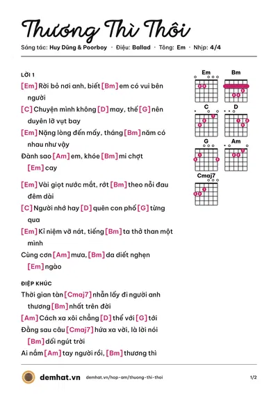 Hợp âm Thương Thì Thôi (JANK) – bản nhạc PDF trang 1, tông Em