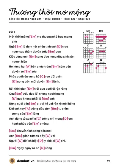 Hợp âm Thương thời mơ mộng (Hoàng Việt Trang) – bản nhạc PDF trang 1, tông Em