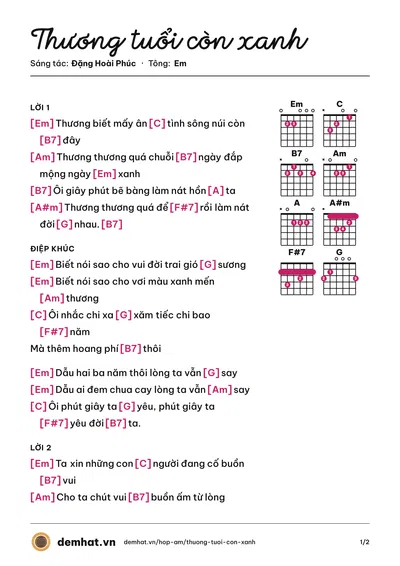 Hợp âm Thương tuổi còn xanh (Đặng Hoài Phúc) – bản nhạc PDF trang 1, tông Em