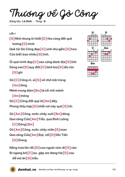 Hợp âm Thương về Gò Công (Lê Dinh) – bản nhạc PDF trang 1, tông G