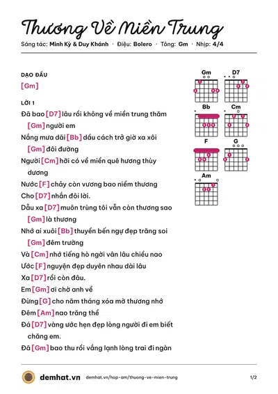 Hợp âm Thương Về Miền Trung (Quang Lê) – bản nhạc PDF trang 1, tông Gm
