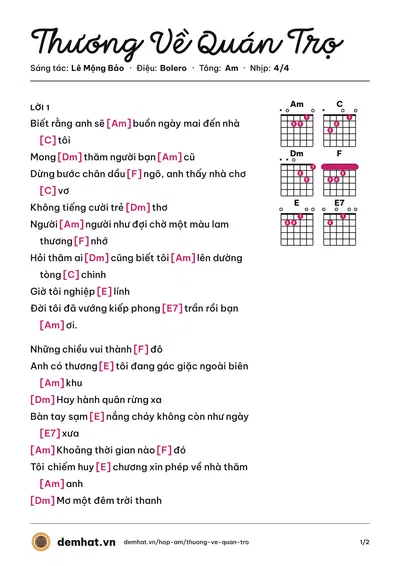 Hợp âm Thương Về Quán Trọ (Trường Vũ) – bản nhạc PDF trang 1, tông Am