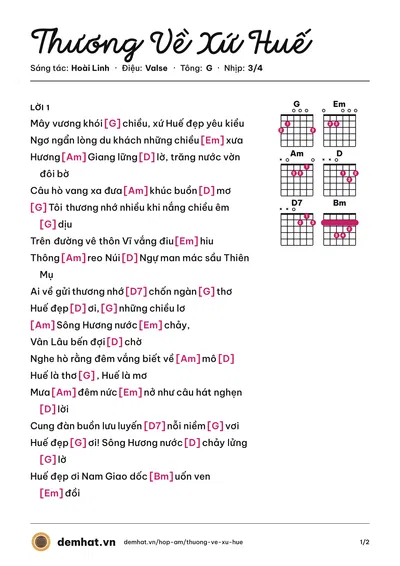 Hợp âm Thương Về Xứ Huế (Hà Thanh) – bản nhạc PDF trang 1, tông G
