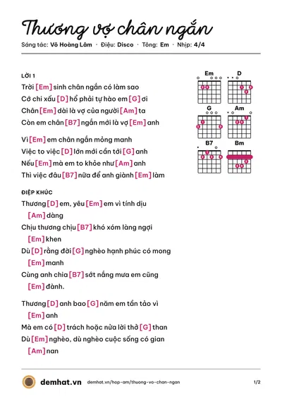 Hợp âm Thương vợ chân ngắn (Võ Hoàng Lâm) – bản nhạc PDF trang 1, tông Em