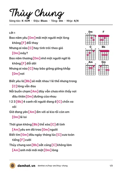 Hợp âm Thủy Chung (Thương Võ) – bản nhạc PDF trang 1, tông Dm