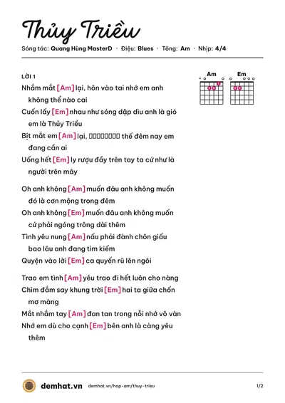 Hợp âm Thủy Triều (Quang Hùng MasterD) – bản nhạc PDF trang 1, tông Am
