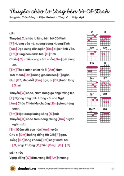 Hợp âm Thuyền chèo lơ lửng bên bờ Cố Kinh (Mai Chung) – bản nhạc PDF trang 1, tông C