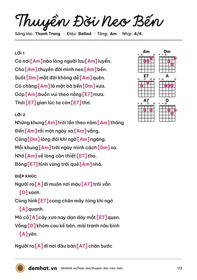 Hợp âm Thuyền Đời Neo Bến (Hồng Tước) – bản nhạc PDF trang 1, tông Am