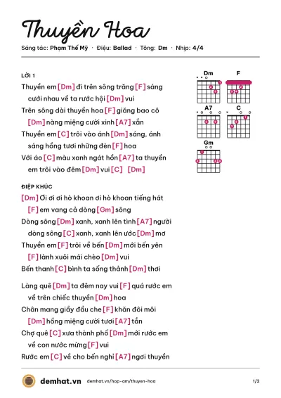 Hợp âm Thuyền Hoa (Hoài Lâm) – bản nhạc PDF trang 1, tông Dm