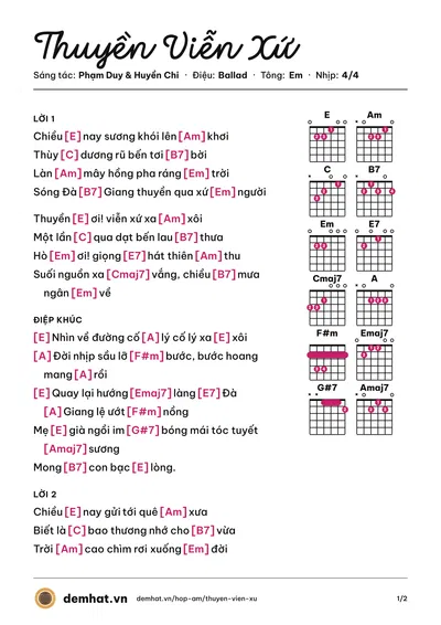 Hợp âm Thuyền Viễn Xứ (Lệ Thu) – bản nhạc PDF trang 1, tông Em