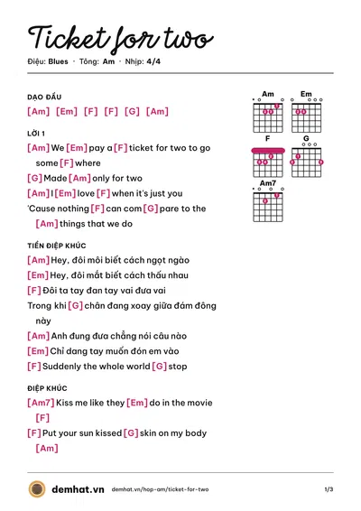 Hợp âm Ticket for two (Vũ Cát Tường) – bản nhạc PDF trang 1, tông Am