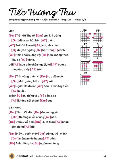 Hợp âm Tiếc Hương Thu (Song Thư) – bản nhạc PDF trang 1, tông Dm