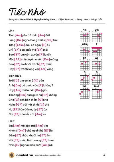 Hợp âm Tiếc Nhớ (Tố Mai) – bản nhạc PDF trang 1, tông Am