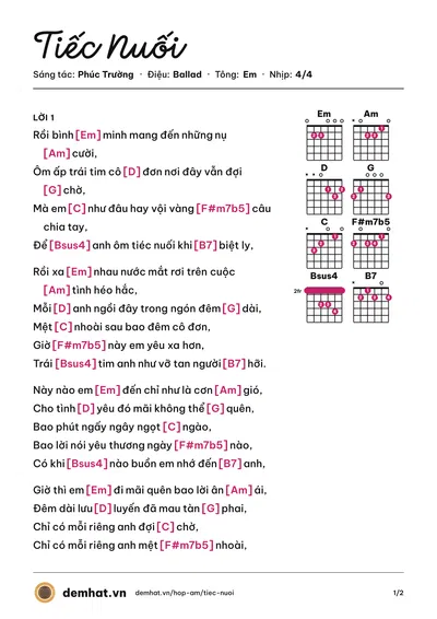 Hợp âm Tiếc Nuối (Duy Anh) – bản nhạc PDF trang 1, tông Em