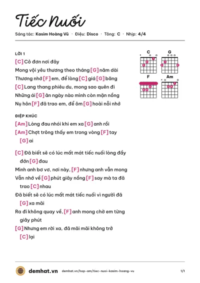 Hợp âm Tiếc Nuối (Kasim Hoàng Vũ) – bản nhạc PDF trang 1, tông C