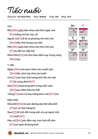 Hợp âm Tiếc nuối (Võ Hoài Phúc) – bản nhạc PDF trang 1, tông Dm