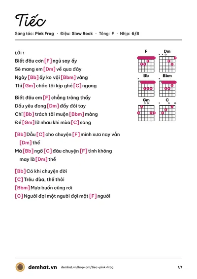 Hợp âm Tiếc (Pink Frog) – bản nhạc PDF trang 1, tông F