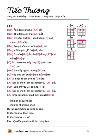 Hợp âm Tiếc Thương (Như Quỳnh) – bản nhạc PDF trang 1, tông Dm