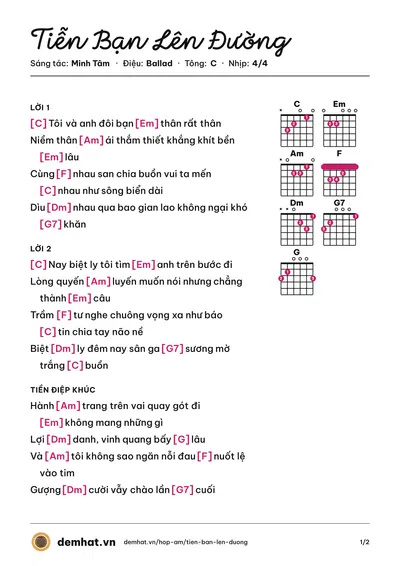 Hợp âm Tiễn Bạn Lên Đường (Quang Lê) – bản nhạc PDF trang 1, tông C