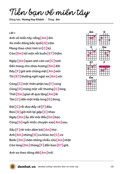 Hợp âm Tiễn bạn về miền tây (Hoàng Huy Khánh) – bản nhạc PDF trang 1, tông Am