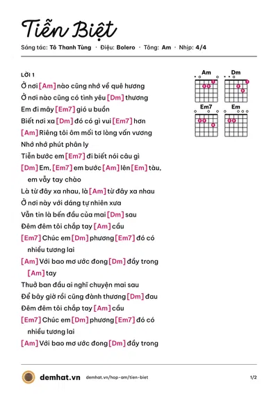 Hợp âm Tiễn Biệt (Quốc Đại) – bản nhạc PDF trang 1, tông Am