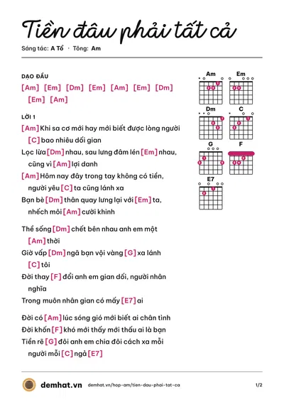 Hợp âm Tiền đâu phải tất cả (A Tổ) – bản nhạc PDF trang 1, tông Am