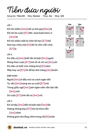 Hợp âm Tiễn đưa người (Nguyễn Quang) – bản nhạc PDF trang 1, tông Am