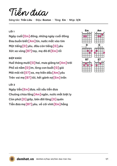 Hợp âm Tiễn đưa (Trần Liêu) – bản nhạc PDF trang 1, tông Em