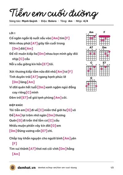 Hợp âm Tiễn em cuối đường (Mạnh Quỳnh) – bản nhạc PDF trang 1, tông Am