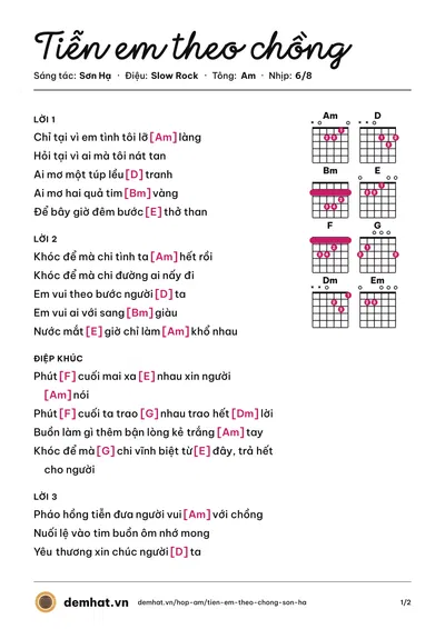 Hợp âm Tiễn em theo chồng (Sơn Hạ) – bản nhạc PDF trang 1, tông Am