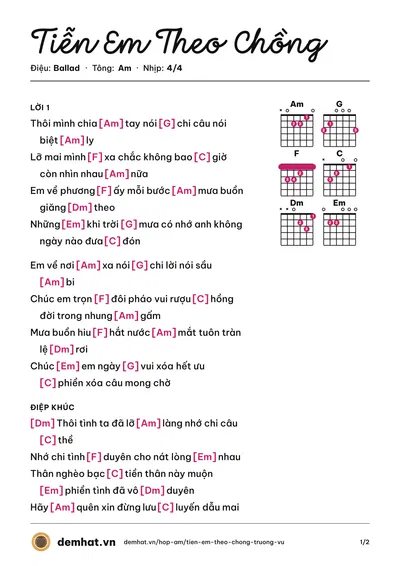 Hợp âm Tiễn Em Theo Chồng (Trường Vũ) – bản nhạc PDF trang 1, tông Am