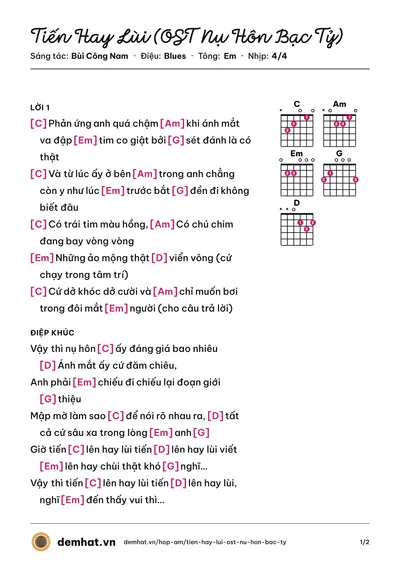 Hợp âm Tiến Hay Lùi (OST Nụ Hôn Bạc Tỷ) (Bùi Công Nam) – bản nhạc PDF trang 1, tông Em