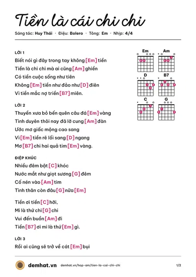 Hợp âm Tiền là cái chi chi (Huy Thái) – bản nhạc PDF trang 1, tông Em
