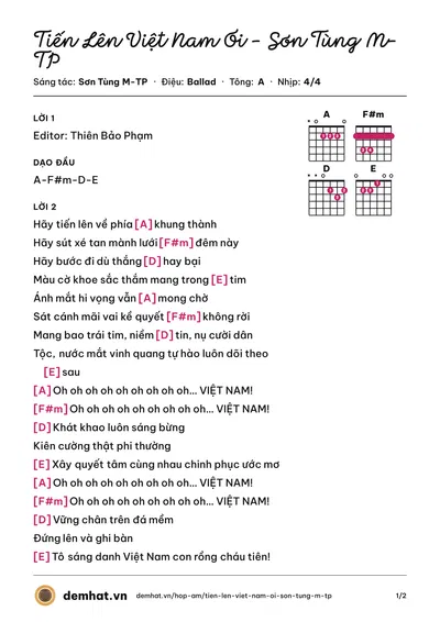 Hợp âm Tiến Lên Việt Nam Ơi - Sơn Tùng M-TP (Sơn Tùng M-TP) – bản nhạc PDF trang 1, tông A