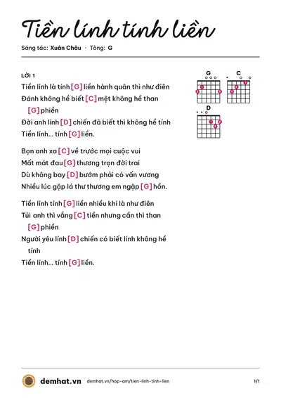 Hợp âm Tiền lính tính liền (Ban Tam Ca Sao Băng) – bản nhạc PDF trang 1, tông G