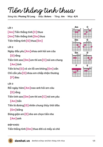 Hợp âm Tiền thắng tình thua (Phương Tử Long) – bản nhạc PDF trang 1, tông Am