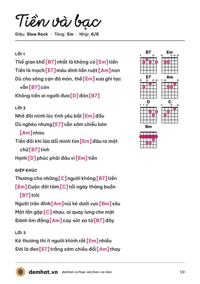 Hợp âm Tiền và bạc – bản nhạc PDF trang 1, tông Em