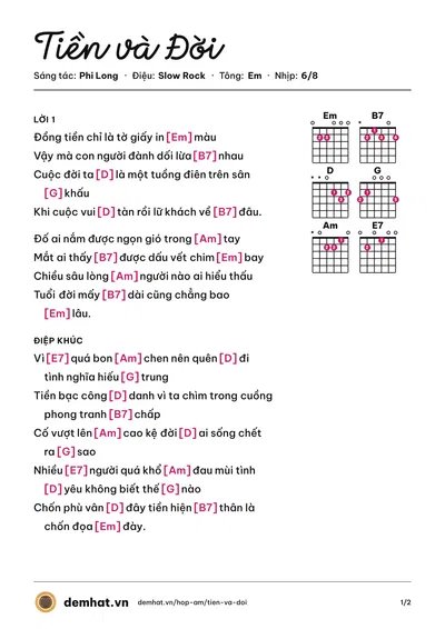 Hợp âm Tiền và Đời (Quách Tuấn Du) – bản nhạc PDF trang 1, tông Em