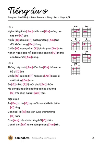 Hợp âm Tiếng ầu ơ (Quách Phụng Anh) – bản nhạc PDF trang 1, tông Am