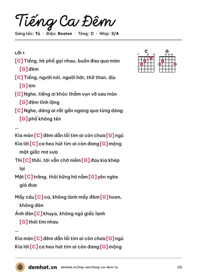 Hợp âm Tiếng Ca Đêm (Tú) – bản nhạc PDF trang 1, tông C