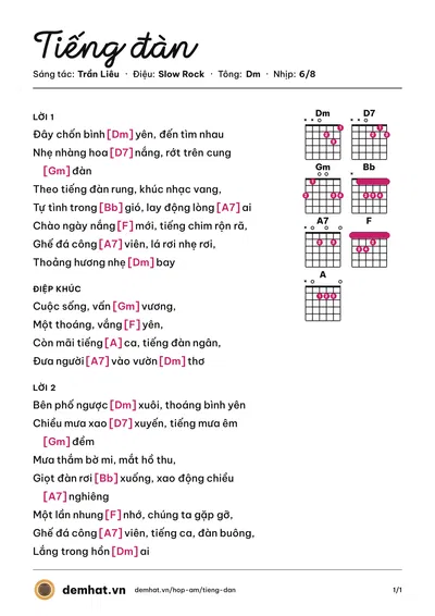 Hợp âm Tiếng đàn (Nguyễn Dũng) – bản nhạc PDF trang 1, tông Dm
