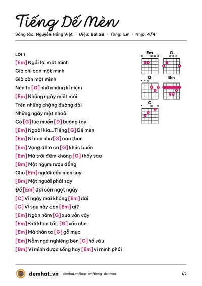 Hợp âm Tiếng Dế Mèn (Nguyễn Hồng Việt) – bản nhạc PDF trang 1, tông Em