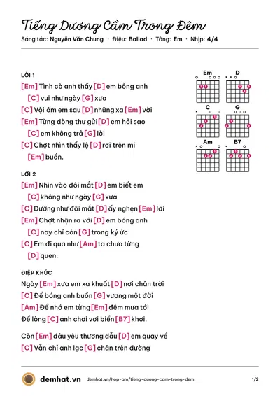 Hợp âm Tiếng Dương Cầm Trong Đêm (Miu Lê) – bản nhạc PDF trang 1, tông Em