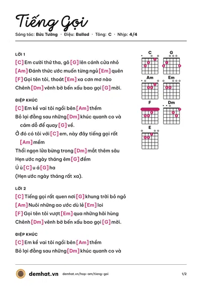 Hợp âm Tiếng Gọi (Bức Tường) – bản nhạc PDF trang 1, tông C