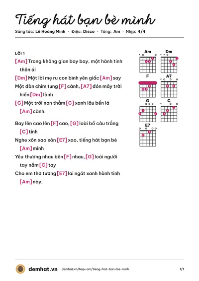 Hợp âm Tiếng hát bạn bè mình (Lê Trần Nhật Tiến) – bản nhạc PDF trang 1, tông Am